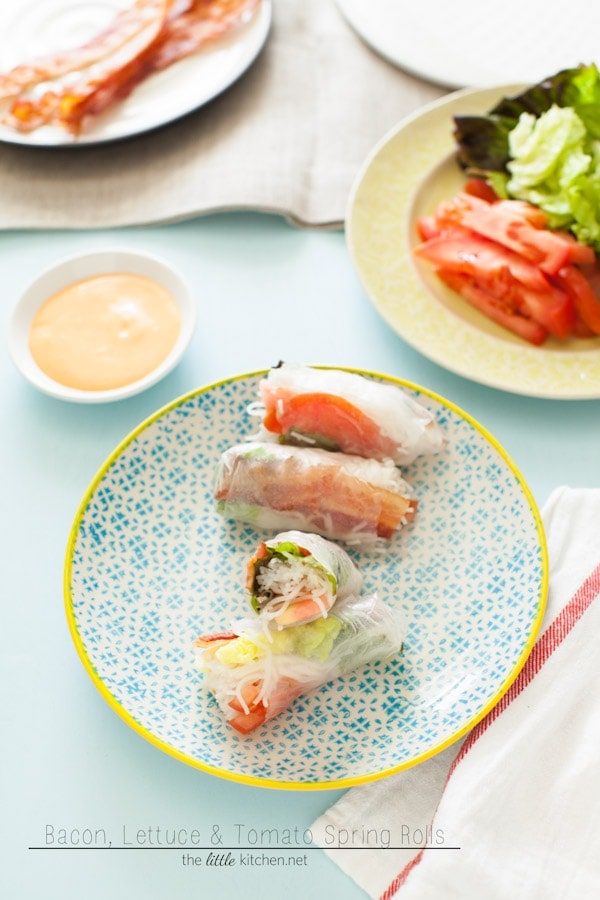 Bacon, Lettuce & Tomato (BLT) Spring Rolls with Sriracha Mayo Dipping Sauce from thelittlekitchen.net Bacon, Lettuce & Tomato (BLT) Spring Rolls with Sriracha Mayo Dipping Sauce from thelittlekitchen.net