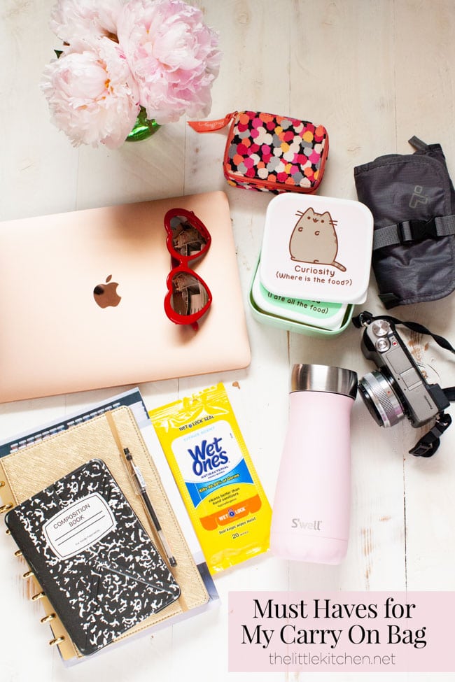 My Carry on Luggage Must Haves thelittlekitchen.net various carry on items including kindle, sunglasses, water bottle, camera, snack case, medication organizer and cable organizer