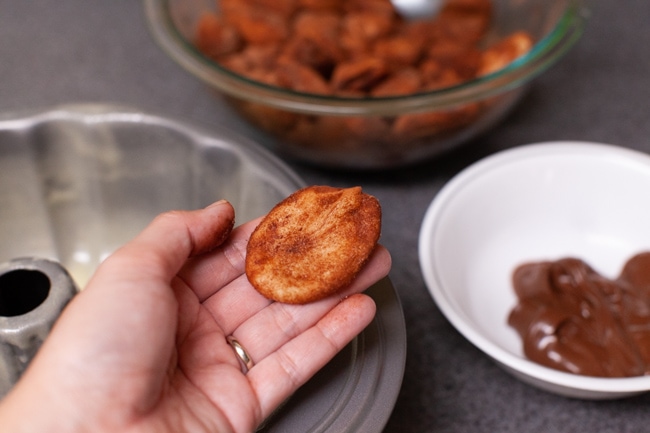 Easy Monkey Bread with Nutella from thelittlekitchen.net A disc like shape of monkey bread dough that has been rolled in a cinnamon and sugar mixture. In the background, is a bundt pan, Nutella, and a glass bowl with monkey bread dough.