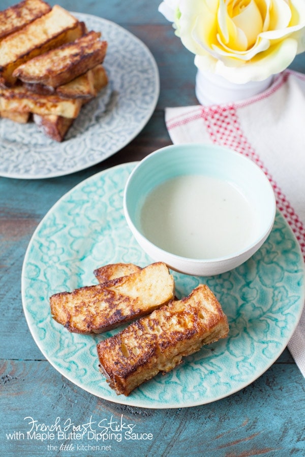 So easy to make and these are such a treat! French Toast Sticks with Maple Butter Dipping Sauce from The Little Kitchen thelittlekitchen.net So easy to make and these are such a treat! French Toast Sticks with Maple Butter Dipping Sauce from The Little Kitchen thelittlekitchen.net