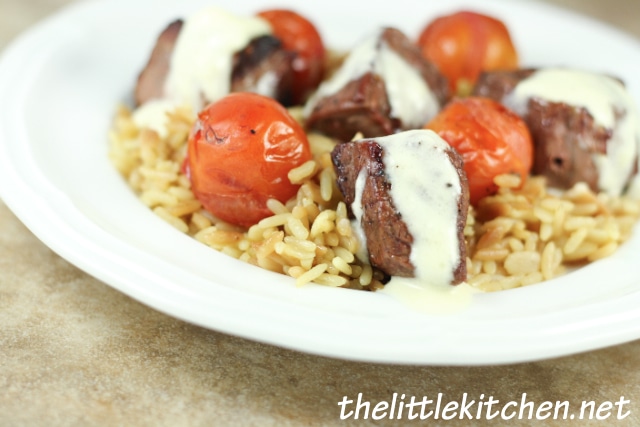 Beef Tenderloin Filet Skewers with Dubliner Cheese Sauce