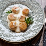 Pan-Seared Scallops with a Gruy猫re Cheese Sauce from The Little Kitchen thelittlekitchen.net