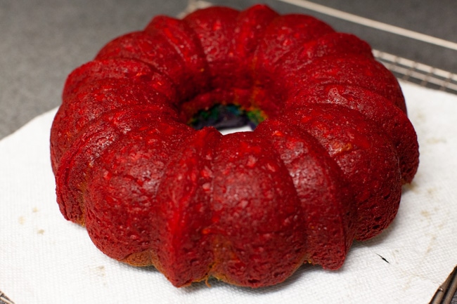 Rainbow Bundt Cake from thelittlekitchen.net Baked rainbow Bundt cake out of pan
