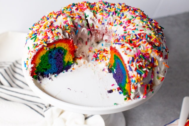 Rainbow Bundt Cake from thelittlekitchen.net Rainbow Bundt Cake on a tray