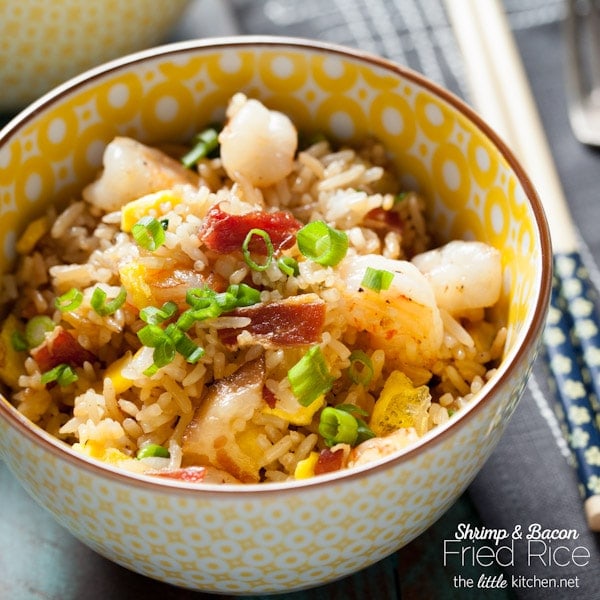 Such an easy fried rice recipe and the best ever...with a secret ingredient that makes it just like your favorite take out fried rice! Bacon and Shrimp Fried Rice from The Little Kitchen thelittlekitchen.net Such an easy fried rice recipe and the best ever...with a secret ingredient that makes it just like your favorite take out fried rice! Bacon and Shrimp Fried Rice from The Little Kitchen thelittlekitchen.net