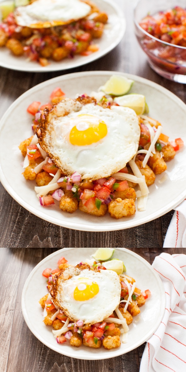 Totchos (tater tot nachos) with a fried egg on top! from thelittlekitchen.net Totchos (tater tot nachos) with a fried egg on top! from thelittlekitchen.net