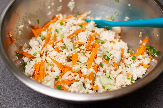 Vegetarian Dumplings from thelittlekitchen.net Metal mixing bowl with Vegetarian Dumpling filling from thelittlekitchen.net