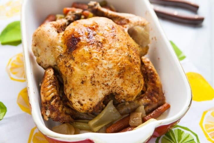 Whole Chicken in a Slow Cooker whole chicken in a baking dish