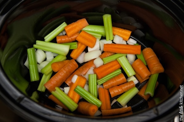 Slow Cooker Whole Chicken from TheLittleKitchen.net Carrots, Celery and Onions in a slow cooker